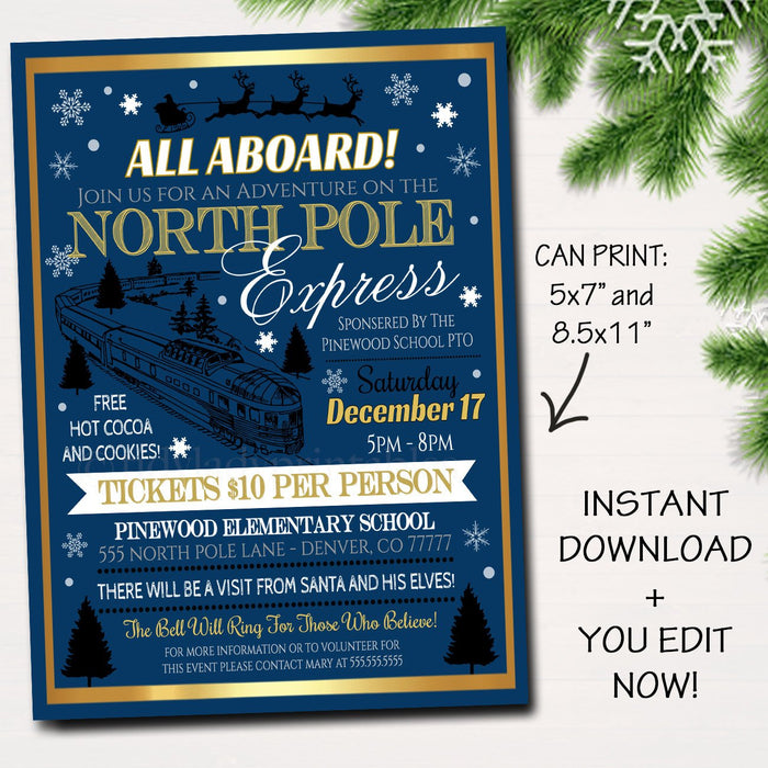 North Pole Polar Express Train Event with Santa Flyer & Ticket Invitation, Kids Christmas Party, Printable School Church Holiday