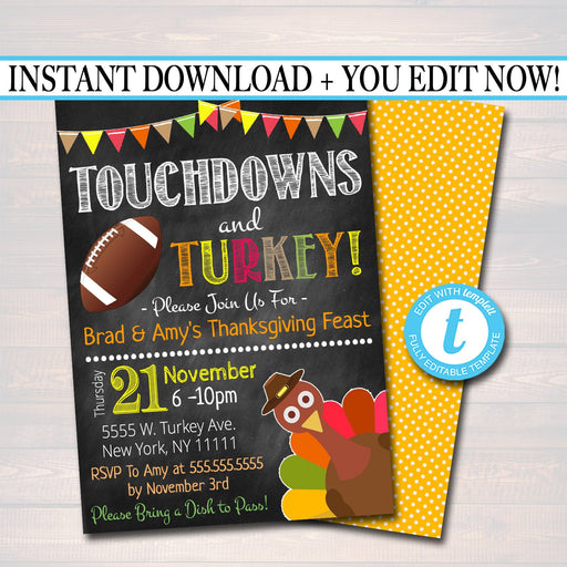 Printable Turkey and Touchdowns Friendsgiving Party Invitation, Thanksgiving Party Invite, Eat Drink & Be Thankful, Digital Football Feast
