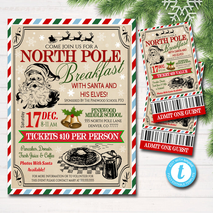 Breakfast with Santa Flyer & tickets North Pole Breakfast Invitation, Kids Christmas Party, Printable Community Holiday Event Flyer