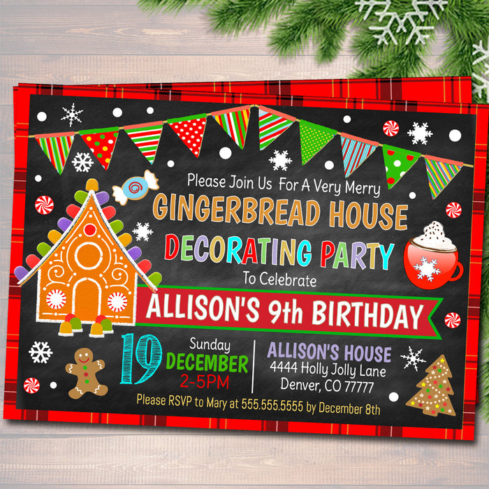 Gingerbread House Decorating Xmas Party, Invitation Kids Christmas Birthday Invite, Holiday Cookie Party Plaid,