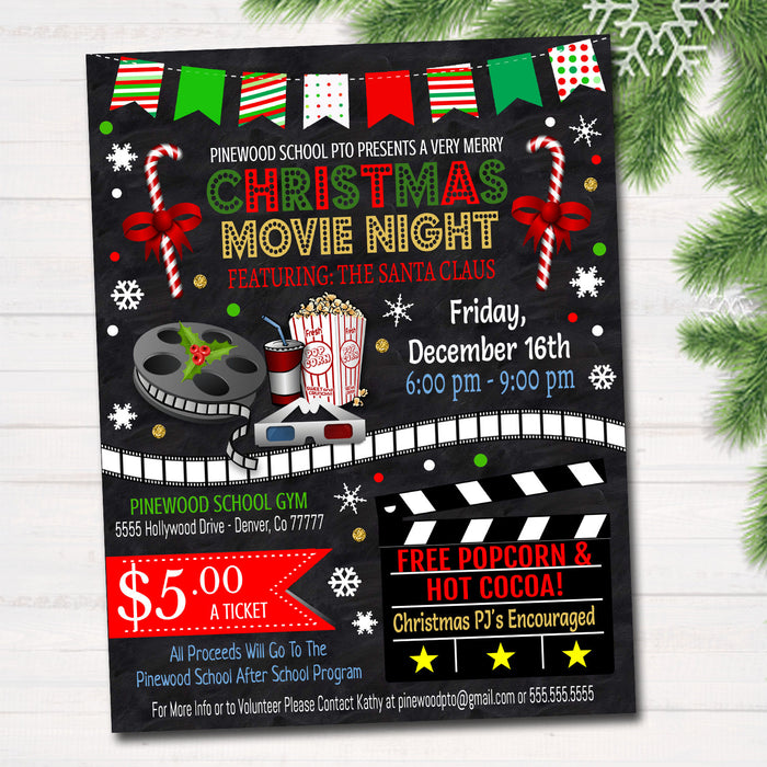 Christmas Movie Night Flyer, Printable PTA PTO Flyer Xmas School Church Benefit Fundraiser Event Poster  Cinema Party Invite