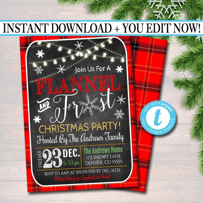 Flannel and Frost Xmas Party Invitation, Christmas Party Invite, Holiday Cocktail Party  Plaid Invitation,