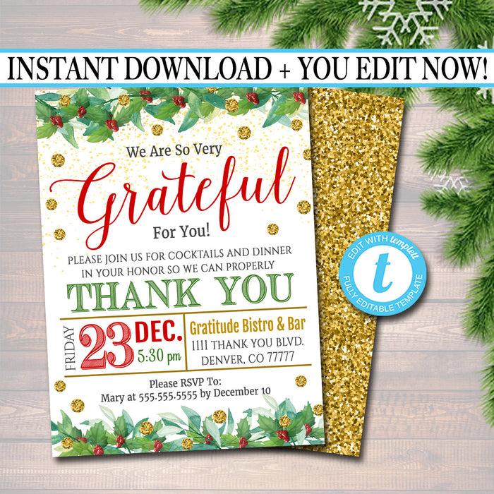 Holiday Appreciation Invitation, Grateful For You Teacher Staff Invitation Printable, Christmas Boss Client Thank You Xmas Template