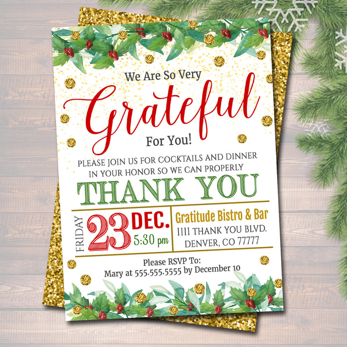 Holiday Appreciation Invitation, Grateful For You Teacher Staff Invitation Printable, Christmas Boss Client Thank You Xmas Template