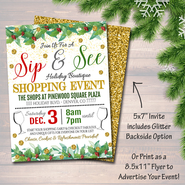 Holiday Shopping Invitation, Boutique Store Invitation Printable, Christmas Xmas Template, Black Friday, Sip and See Holiday Gifts