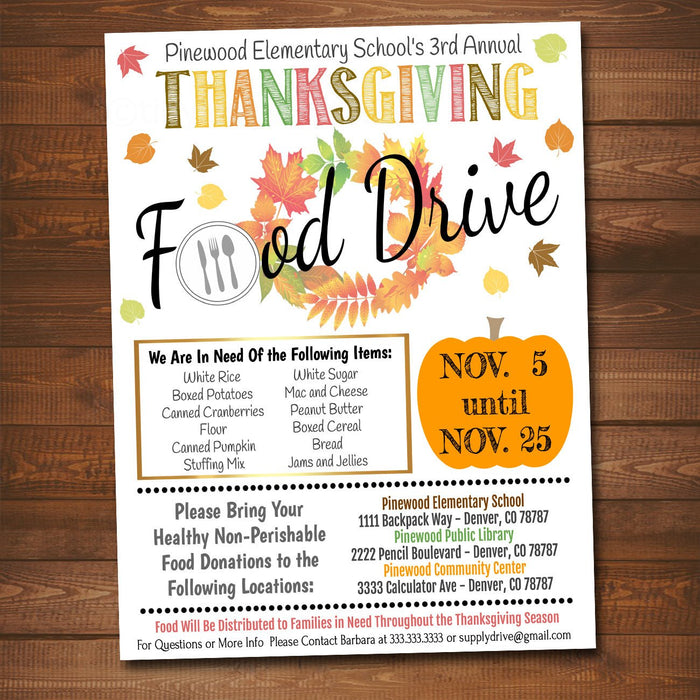 Fall Food Drive Flyer, Printable PTA PTO Flyer, School Church, Thanksgiving Fundraiser Poster Invite, Business Charity Invitation