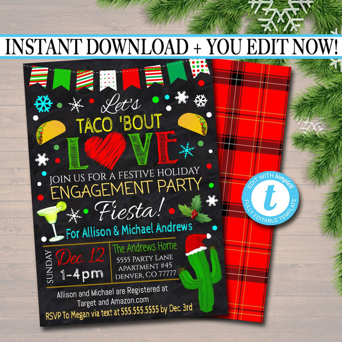 Taco Bout Love Fiesta Margarita and Mistletoe Invitation Christmas Party Invite, Holiday Bridal Shower, Bachelorette Feliz Navidad