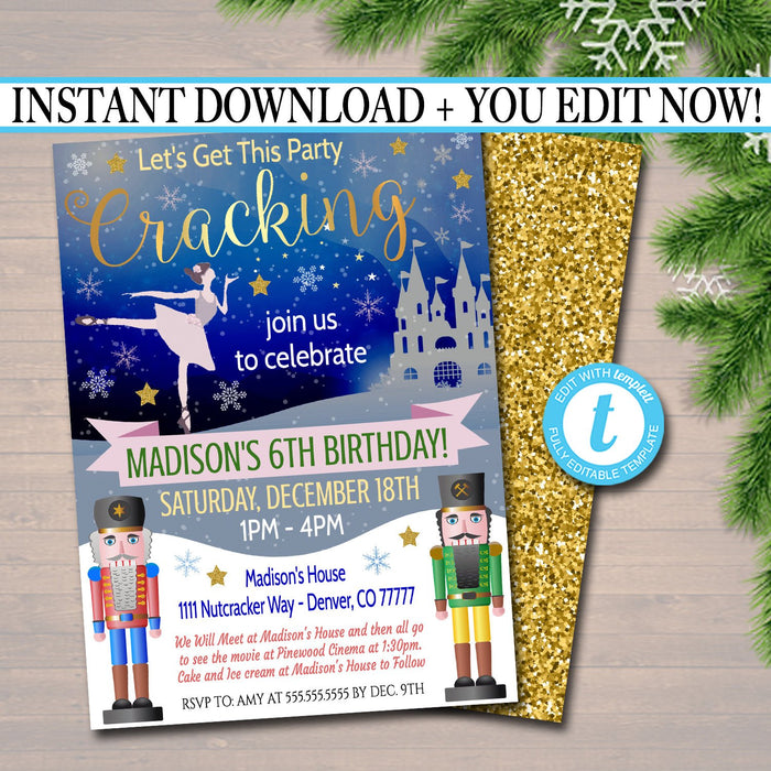 Nutcracker Xmas Party Invitation Kids Christmas Girls Birthday Party Invite, Let's Get This Party Cracking Invite