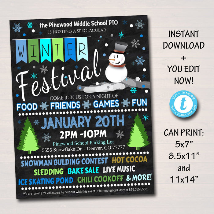 Winter Festival Holiday Flyer/Poster Printable Christmas Invitation Community Winter Event, Church School Pto Pta Fundraiser Invite