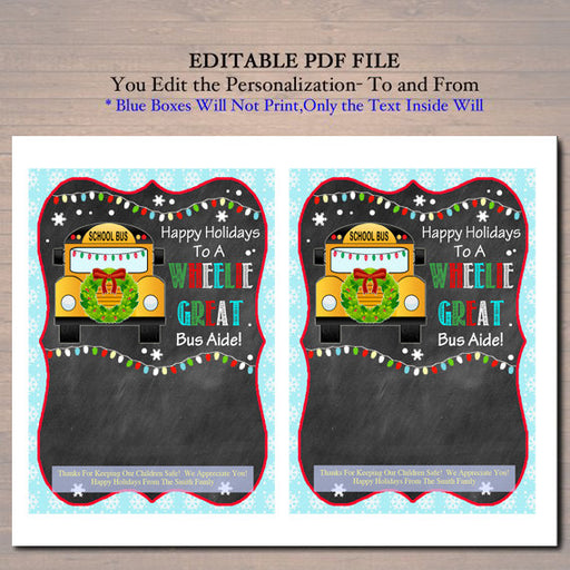 EDITABLE Christmas Bus Aide Gift Card Holder, Printable Holiday Gift Xmas Gift Card, Wheelie Great School Bus Driver, INSTANT DOWNLOAD