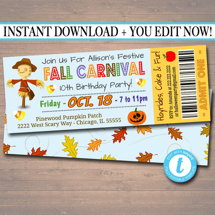 Printable Fall Carnival Ticket Invitation, Fall Festival Party Invitation, Birthday Party, Kid's Halloween Party Invite,
