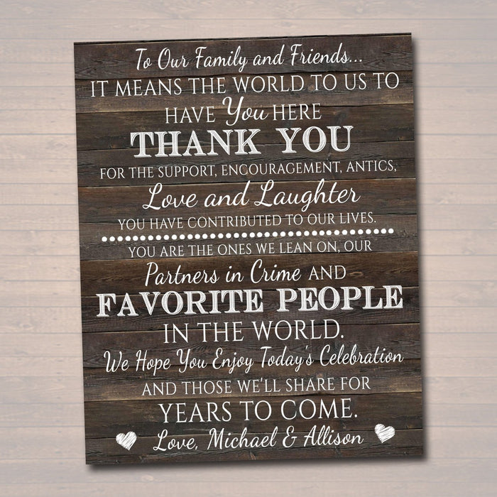 Wedding Thank You Sign TEMPLATE - PRINTABLE  Sign, Rustic Wood Wedding Thank You Family, Favorite People Personalized Reception Sign