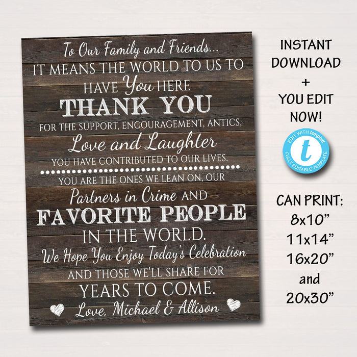 Wedding Thank You Sign TEMPLATE - PRINTABLE  Sign, Rustic Wood Wedding Thank You Family, Favorite People Personalized Reception Sign