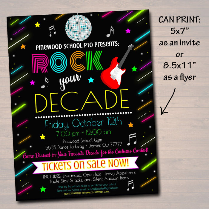 Rock The Decade School Dance Set, Dance Flyer Party Fundraiser Church Community Event, pto, pta, Printable Invite,