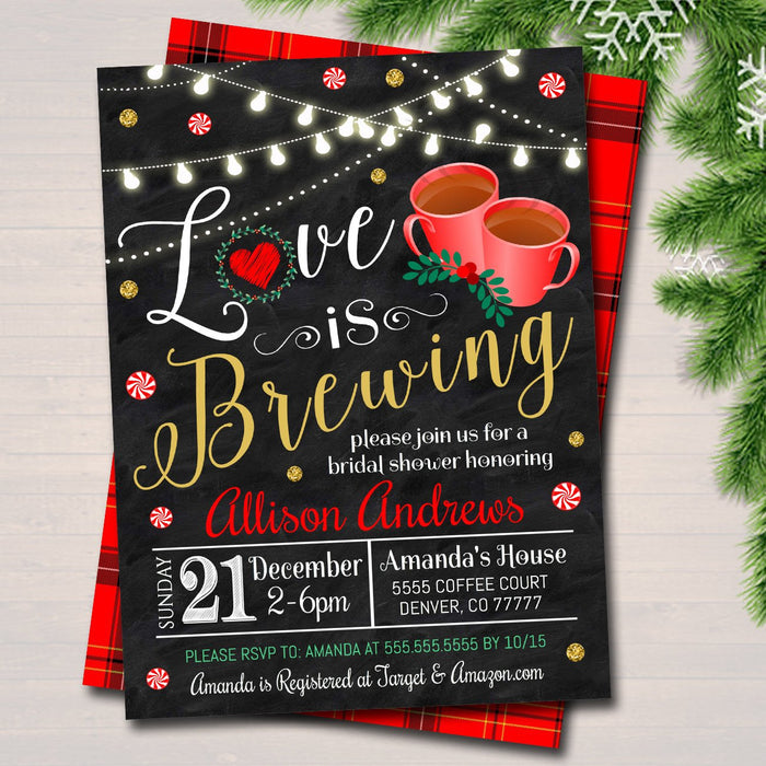 Love is Brewing Bridal Couples Shower, Tea Coffee Party, Wedding Christmas Holiday Invitation, Peppermint Latte,