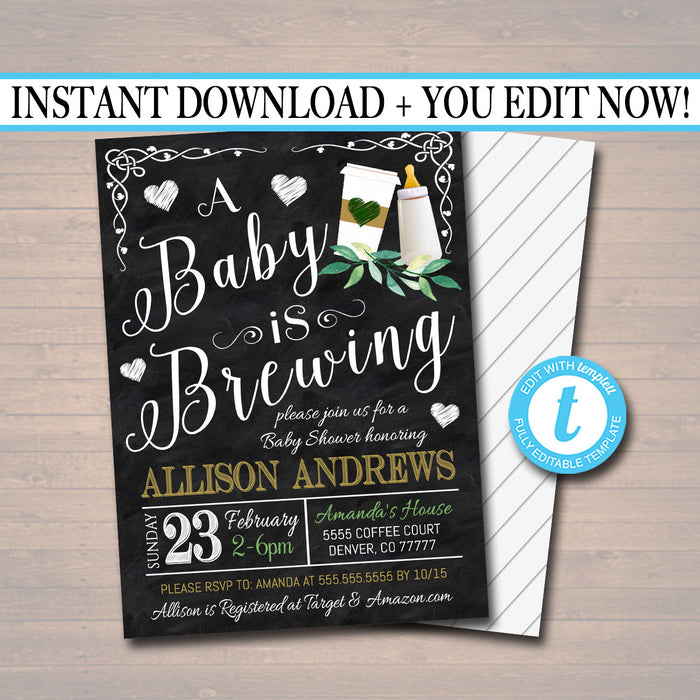 EDITABLE A Baby is Brewing Couples Shower, Coffee Party, Baby Sprinkle Chalkboard Invitation, Cozy Winter Baby Tea Party, INSTANT DOWNLOAD