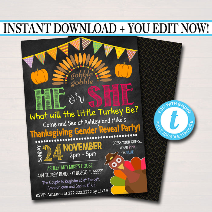 Thanksgiving Gender Reveal Party Invitation, Fall Halloween Baby Shower He or She Little Pumpkin Turkey Party,