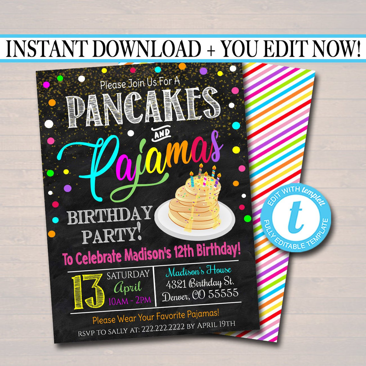 Pancakes and Pajamas Party Invitation, Birthday Party Invite, Kid Girl — TidyLady Printables pancakes-and-pajamas-party-invitation-birthday-party-invite-kid-girl-tidylady-printables