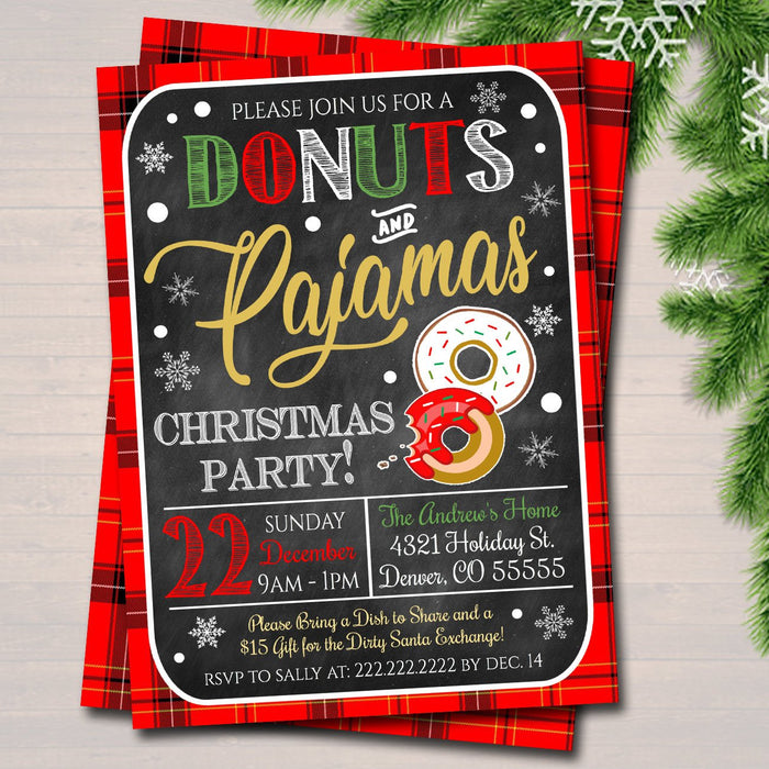 Donuts and Pajamas Xmas Party Invitation, Christmas Party Invite, Holiday Brunch Party  Plaid Invitation,