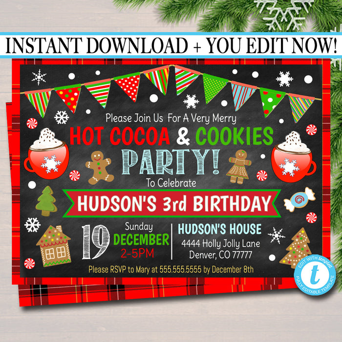Hot Cocoa & Cookies Xmas Party Invitation Kids Christmas Birthday Party Invite Holiday Cookie Party  Plaid