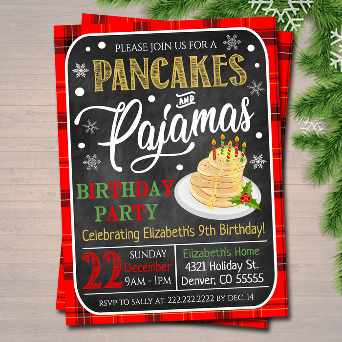 Pancakes and Pajamas Xmas Birthday Party Invitation, Christmas Invite, Holiday Brunch Sleepover Plaid Invitation,
