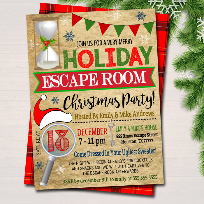 Printable Holiday Escape Room Invitation, Christmas Party Invitation, Work Corporate Party Invite Adult Christmas Event, Ugly Sweater Invite