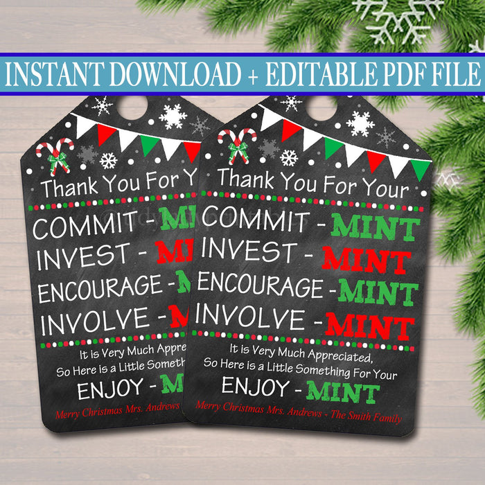 Printable Xmas Thank You Tags, Volunteer Mint Labels, Printable, INSTANT + EDITABLE, Christmas Holiday Gift, PTA Staff Gift Appreciation