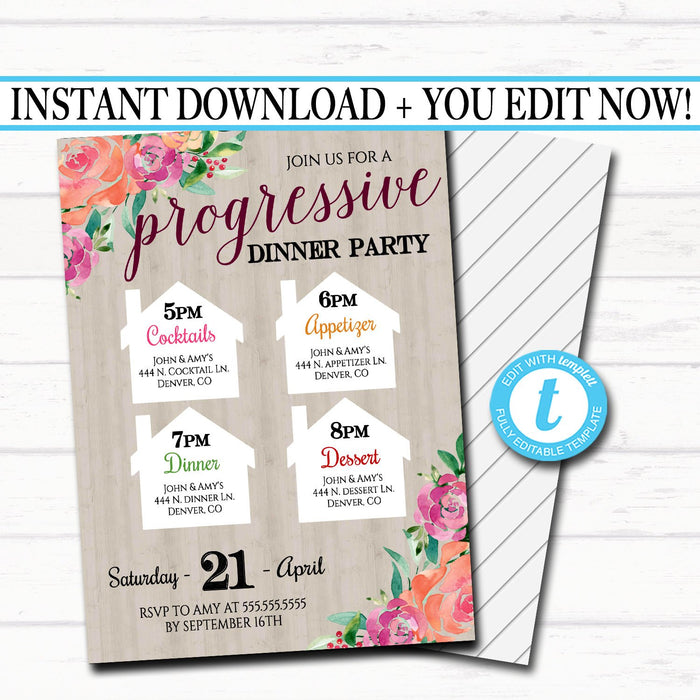 Progressive Dinner Party Invitation, Neighborhood Potluck Party Invite, Rustic Floral Printable, House Round Robin