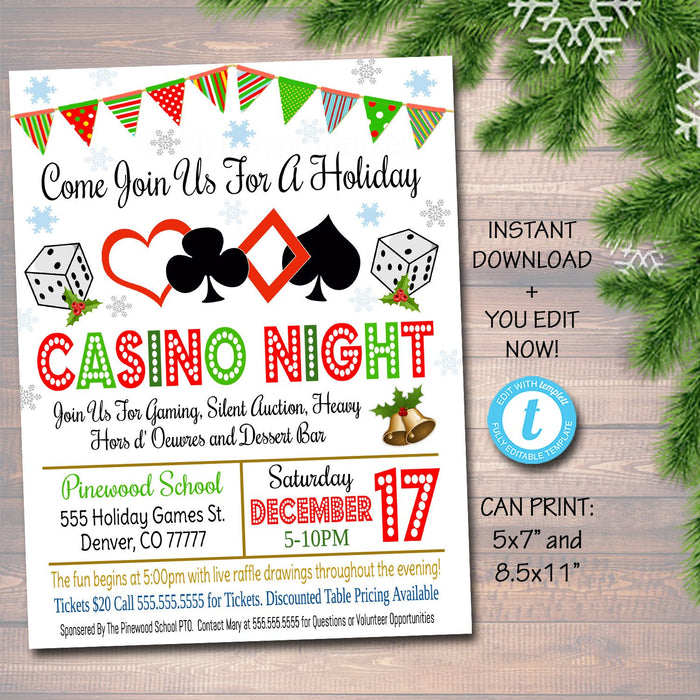 Holiday Casino Night Flyer School Event Cards Party Invitation, Christmas Church Community Bingo Poker, pto, pta,