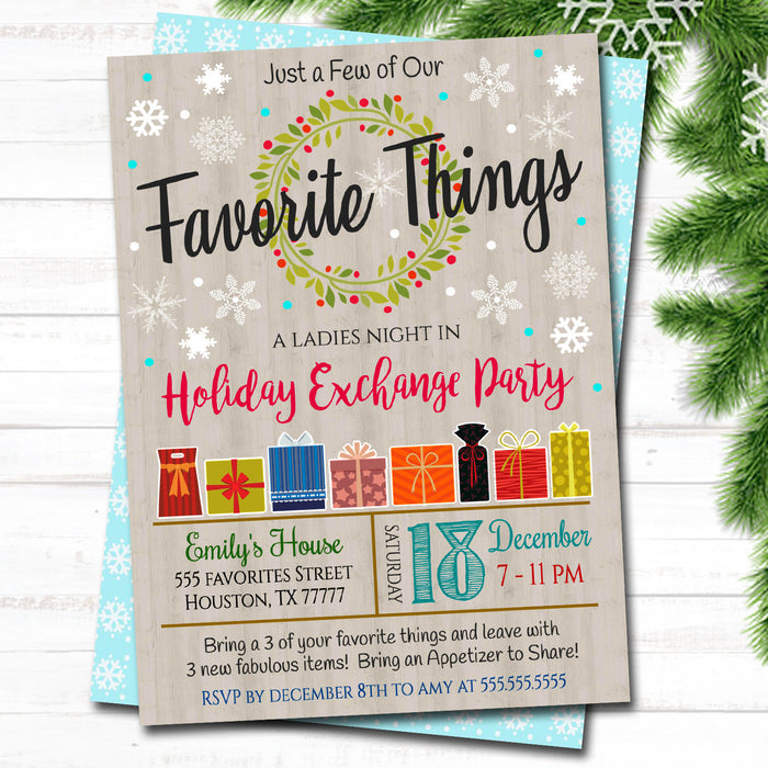 Favorite Things Exchange Party Invitation, Bridal Shower Invite, Teacher Party Holiday Invite, Dirta Santa Party