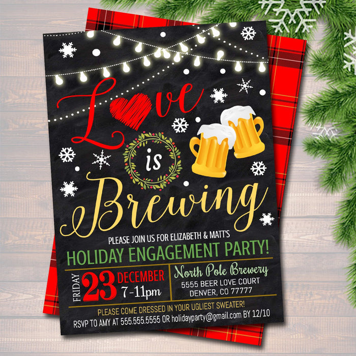 Holiday Brewery Party Invitation, Christmas Invitation, DIY  Invite, Xmas Love is Brewing Party Invitation Flannel Plaid