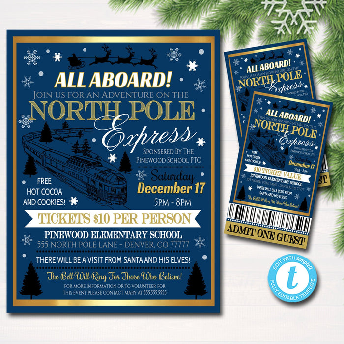 North Pole Polar Express Train Event with Santa Flyer & Ticket Invitation, Kids Christmas Party, Printable School Church Holiday