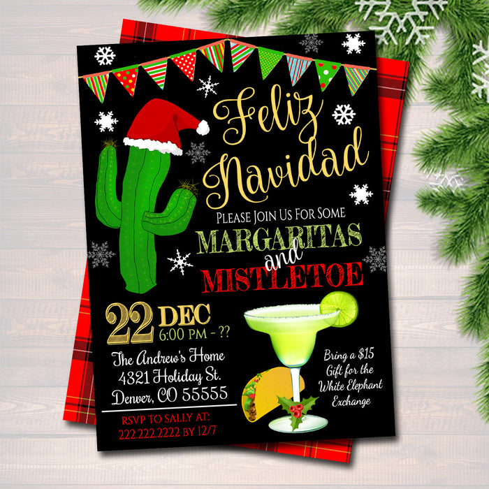 Margaritas and Mistletoe Invitation Christmas Party Invite Holiday Party Adult Christmas Party Holiday Feliz Navidad  Invite
