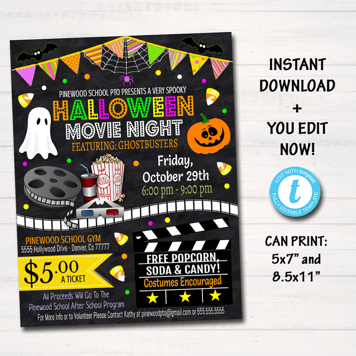 Halloween Movie Night Flyer, Printable PTA PTO Flyer Fall School Church Benefit Fundraiser Event Poster  Cinema Party Invite