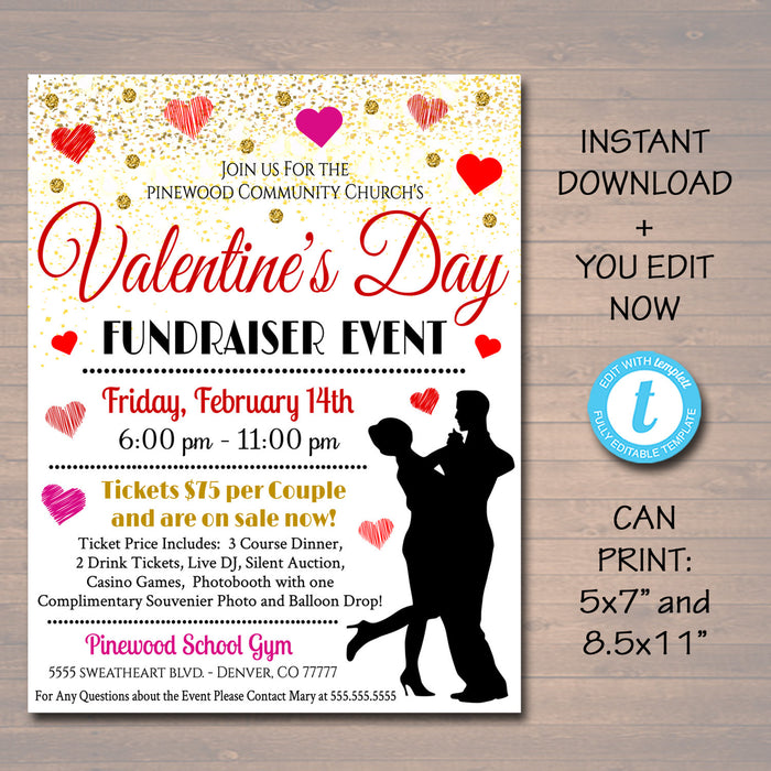 Adult Valentine's Day Event, Fundraiser Flyer Party Invite, Church Community, Sweetheart Prom, Restaurant Invite