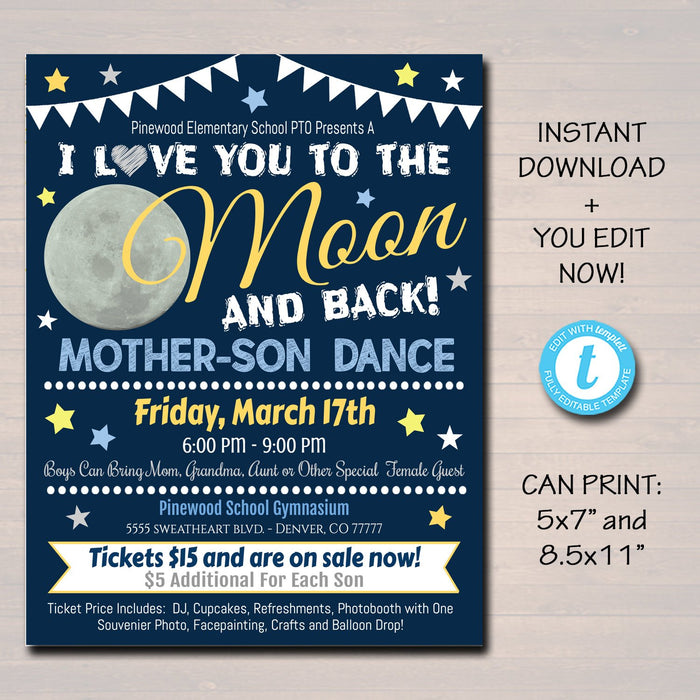 Mother Son Dance Set School Dance Flyer Party Invitation, Starry Night Event Church Community Event, pto, pta,