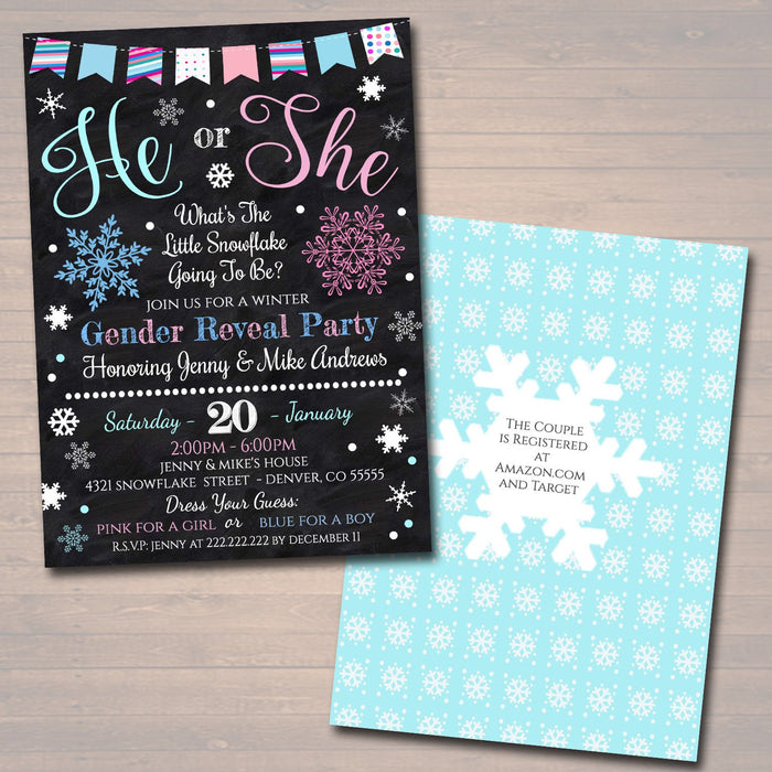 EDITABLE Gender Reveal Party Invitation, Winter Invite, Team Pink or Blue Baby Shower, What Will The Little Snowflake Be? INSTANT DOWNLOAD