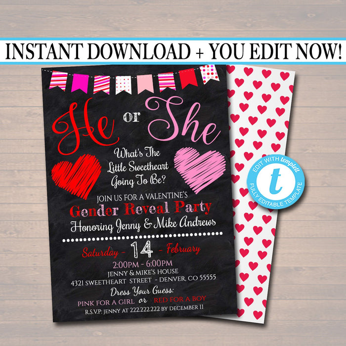 EDITABLE Gender Reveal Party Invitation, Valentine's Day Baby Shower, Couples Sprinkle, What Will The Little Sweetheart Be? INSTANT DOWNLOAD