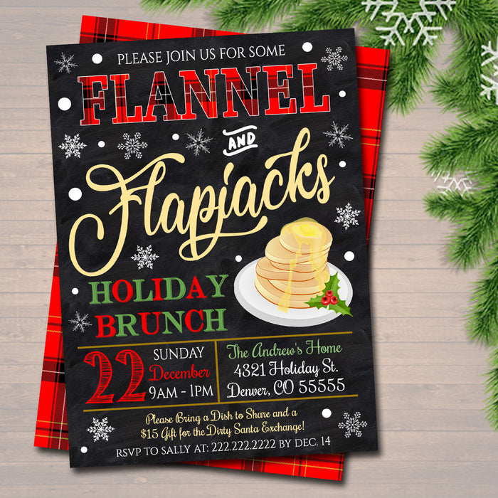 Flannel and Flapjacks, Pancakes and Pajamas Xmas Party Invitation, Christmas Party Invite Holiday Brunch Party  Plaid Invite
