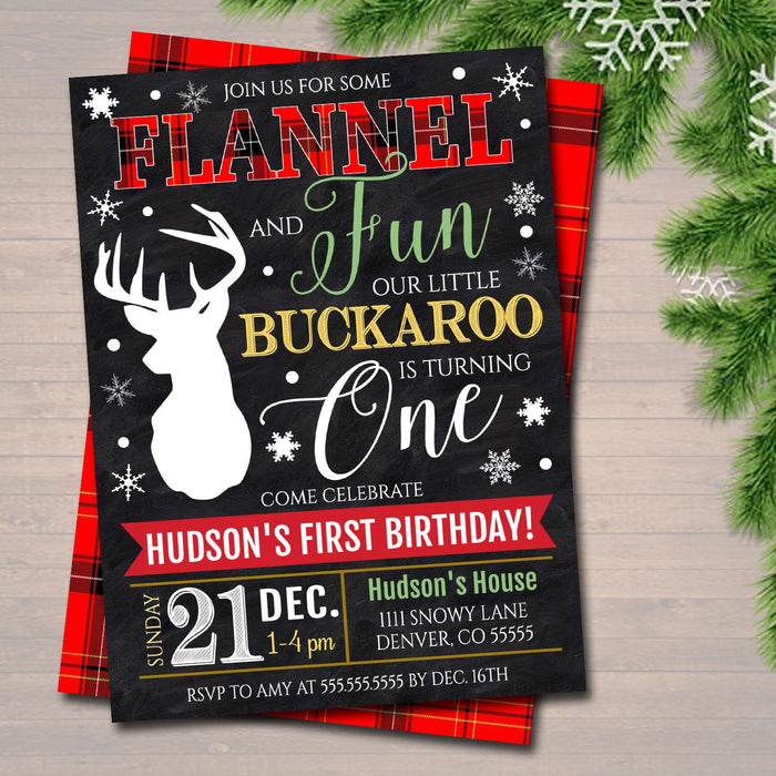 EDITABLE Flannel and Fun Xmas Boy First BIrthday Party Invitation, Deer Rustic Lumberjack, Christmas Holiday Plaid Invite, INSTANT DOWNLOAD
