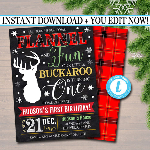 EDITABLE Flannel and Fun Xmas Boy First BIrthday Party Invitation, Deer Rustic Lumberjack, Christmas Holiday Plaid Invite, INSTANT DOWNLOAD
