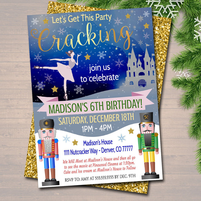 Nutcracker Xmas Party Invitation Kids Christmas Girls Birthday Party Invite, Let's Get This Party Cracking Invite