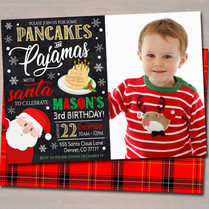 Pancakes and Pajamas Xmas Birthday Party Invitation, Christmas Photo Invite, Holiday Santa Brunch Plaid Invitation