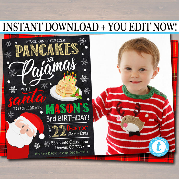 Pancakes and Pajamas Xmas Birthday Party Invitation, Christmas Photo Invite, Holiday Santa Brunch Plaid Invitation