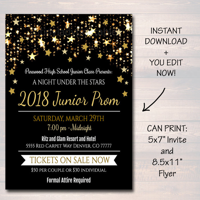 Prom Set, Dance Flyer Invitation Ticket Starry Night, Gold Glitter Under The Stars High School Event, Pto, Pta
