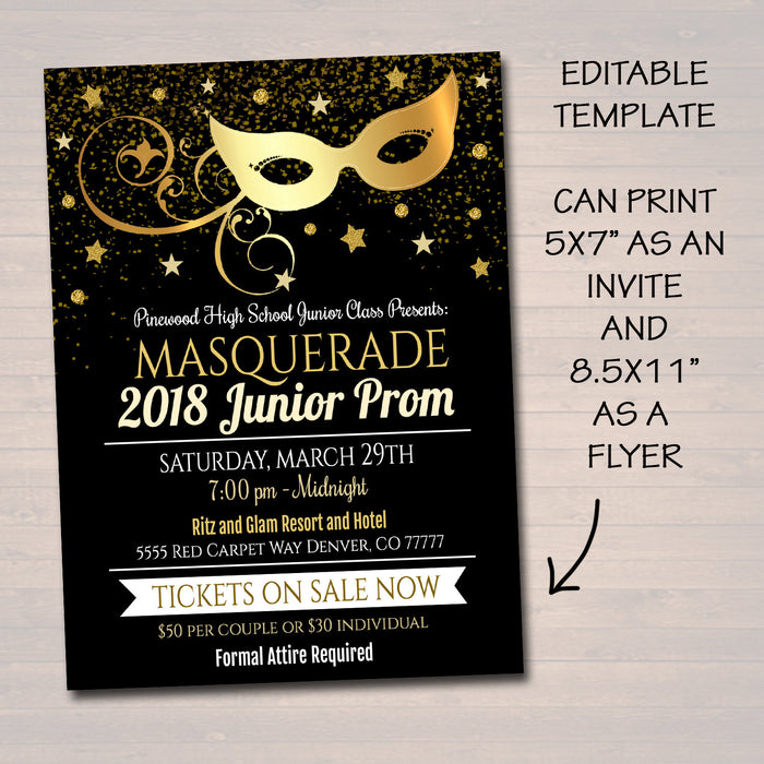 Prom Set, Dance Flyer Invitation Ticket Masquerade Ball, Gold Glitter Formal Gala, High School Event, Pto, Pta