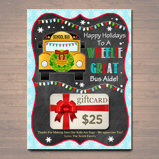 EDITABLE Christmas Bus Aide Gift Card Holder, Printable Holiday Gift Xmas Gift Card, Wheelie Great School Bus Driver, INSTANT DOWNLOAD