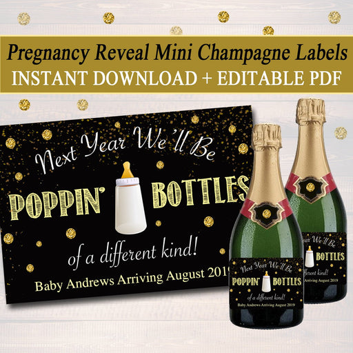 Mini Baby Champagne Label New Years Pregnancy Announcement Printable Label, New Years Eve Pregancy Reveal Poppin Bottles of a Different Kind