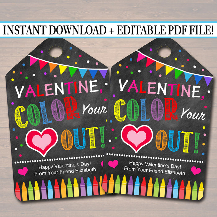 EDITABLE Crayon Valentine's Day Gift Tags, Friend Classroom, Color Your Heart Out Printable Editable Valentine Marker Tags, INSTANT DOWNLOAD