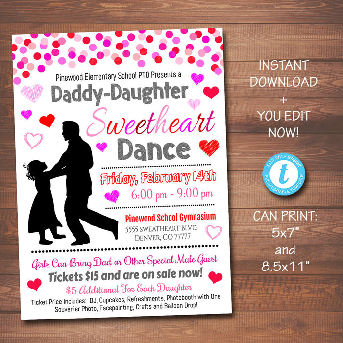 Daddy Daughter Sweetheart Valentine's Day Dance, School Dance Flyer Party Invite, Church Community Event, pto pta,